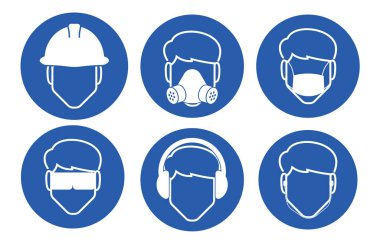 İzole edilmiş mavi daire baş koruma işareti, kask, google, kulaklar bardak, maske, solunum zorunluluğu