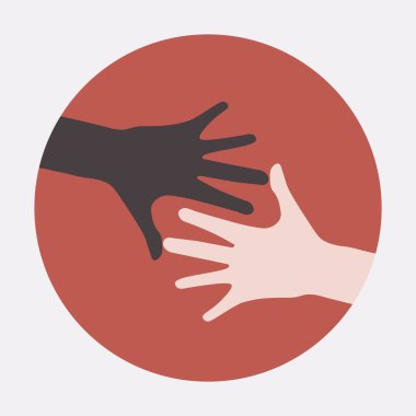 Çizim sembolü, iki elin izole edilmiş vektörü kırmızı çemberde siyah ve kırmızı renge ulaştı, takım çalışmasını, birlikteliği, oylamayı, bakımı, yardımı, sevgiyi, iletişimi sembolize etti.