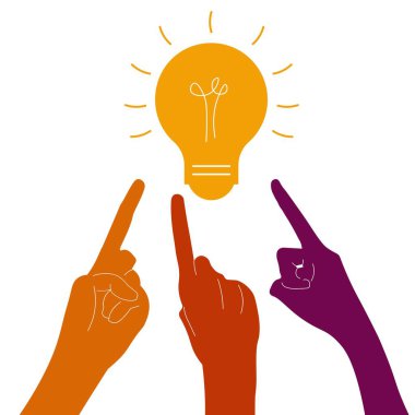 Üç işaret parmağının düz tasarım çizimi fikirlerin, beyin fırtınasının, takım çalışmasının, birlikteliğin aydınlatılmış boham lambasını işaret ediyor.