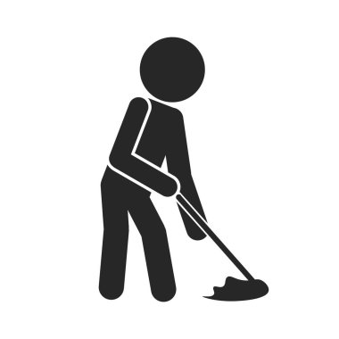 Stickman 'ın somurtkan zeminin ve adamın düşüşünün izole bir örneği, güvenlik işareti temizliği için şablon, hademe, ıslak zeminde kayganlık, ıslak zeminde düşme tehlikesi