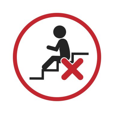 İzole edilmiş kırmızı yuvarlak işaret, merdivenlere oturmayın, oturmanız, aylaklık etmeniz ya da merdiven çıkmanız yasaktır.