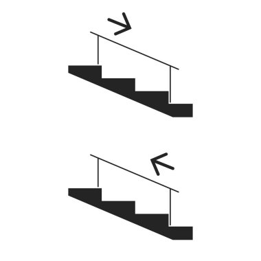 Güvenlik binası bilgi işaretinin şablon tasarımı için tırabzan ile aşağı ve yukarı ok çizilmiş siyah merdivenlerin izole bir çizimi.