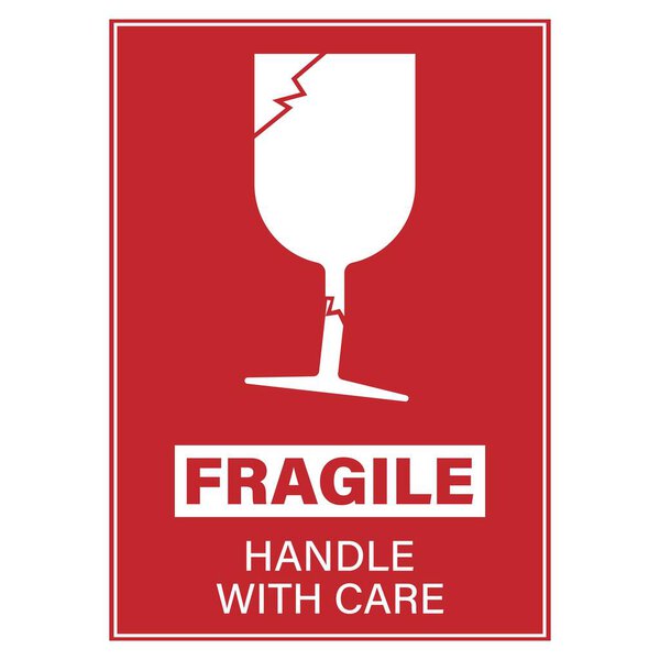 Sticker label isolated vector design of square rectangle fragile easy to break package, handle with care in red and white, a carefully package attention warning