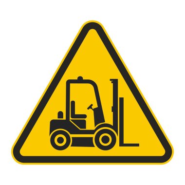 Sarı üçgen güvenlik simgesi siyah piktogram forklift, çatal, tekerlek, direksiyon, endüstriyel araç uyarısı 