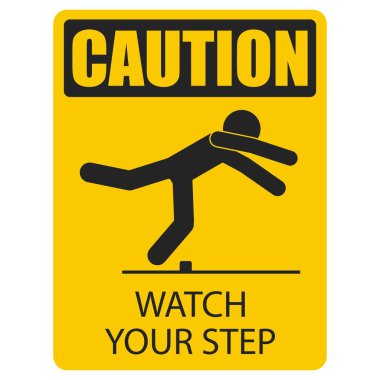 Yazdırılabilir dikdörtgen sarı uyarı işareti düşme riski, adımlarınıza dikkat edin, ayaklarınız tehlike veya güvenlik işareti için takıldı