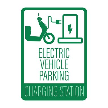 Yeşil dikdörtgen elektrikli araç şarj istasyonunun izole etiket tasarımı. Motosiklet parkı için resimli motor kablosu ve elektrik prizi.