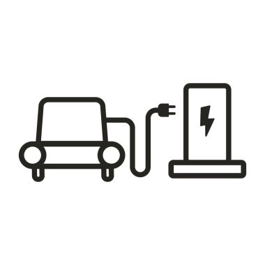 Yeşil dikdörtgen elektrikli araç şarj istasyonunun izole etiket tasarımı. Motosiklet parkı için resimli motor kablosu ve elektrik prizi.