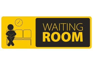 Mavi dikdörtgen karede Bekleme Odası Tabelasının basılabilir etiket tasarımı, resimli adam kürsüde oturuyor ve saati duvarda gösteriyor.