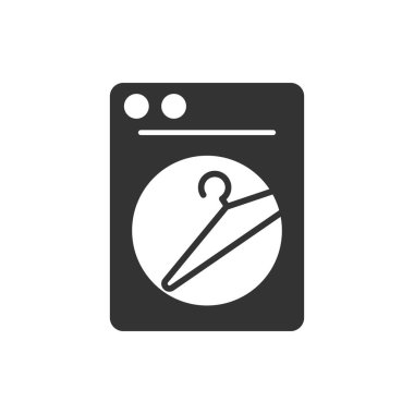 Çamaşır makinesinin siyah işaret logosu, resimli gömlek askısı ve düğmeli çamaşır sembolü. 