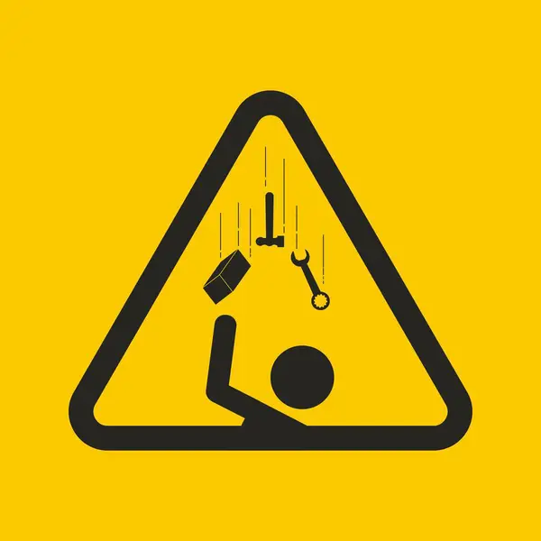 Siyah piktogram güvenlik işareti çekiç, anahtar, çelik blok düşme kullanımı güvenlik, tehlike, dikkat, dikkat, tetikte olan nesneler mühendislik atölyesinde işaret