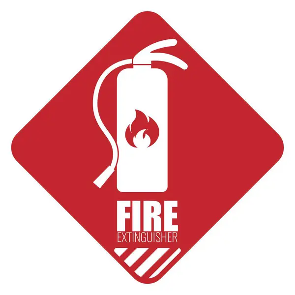 Yangın söndürücü konumu etiketinin izole edilmiş kırmızı dikdörtgen etiketi, ok, yangın, tüp illüstrasyonlu güvenlik tehlikesi işareti