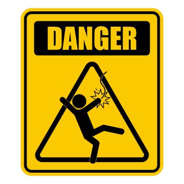 Elektrik, elektrik, elektrik ve yüksek voltajlı güvenlik etiketleriyle vurulan işçilerin sarı üçgen işareti.