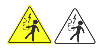 İzole edilmiş sarı üçgen işareti tehlike önleyici yüksek voltajlı elektrik şoku, resimli adam elektrik kablosuna dokunduğunda yıldırım elektrik sembolü ile çarpıldı.