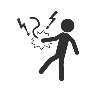 İzole edilmiş sarı üçgen işareti tehlike önleyici yüksek voltajlı elektrik şoku, resimli adam elektrik kablosuna dokunduğunda yıldırım elektrik sembolü ile çarpıldı.