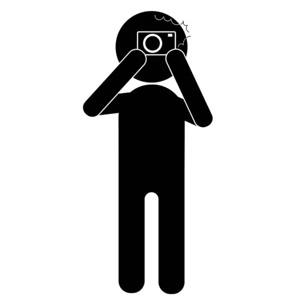 Siyah adamın izole edilmiş bir çizimi. Fotoğraf çekmek için kamerayı yüzüne tut. Şablon için basit bir işaret.