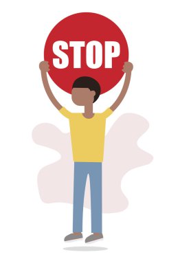 Genç adamın elinde kırmızı dikdörtgen pankartın olduğu düz vektör çizimi sigara içmeyi, çocuk istismarını, trafik işaretini, tasarım için ırkçı tasarım kaynaklarını durdurma mesajı taşıyor.