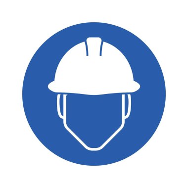 Mavi yuvarlak etiket güvenlik uyarı levhasının izole bir örneği her zaman koruyucu kask takın, kafa yaralanması riski olan endüstriyel uyarı işareti