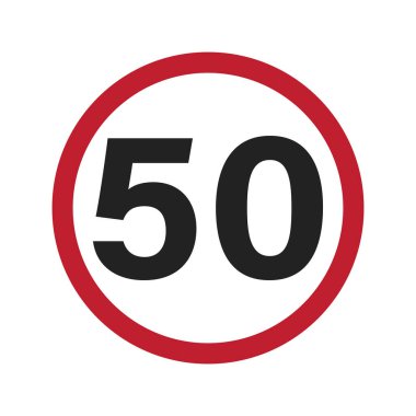 Kırmızı daire etiketinde izole edilmiş hız limiti saatte 50 kilometre veya mph işareti