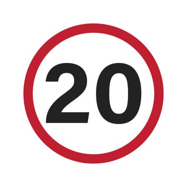 Kırmızı daire etiketinde izole edilmiş hız sınırı saatte 20 kilometre veya mph işareti