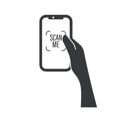 Resimli resimli el, akıllı telefon kamerasını QR koduna doğrultuyor. Beni burada tara.