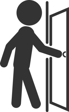 Açık yeşil kare tabelasına kadar it ve çek. İnsan açık ve kapalı kapı vektörünün etiket tasarımı illüstrasyonu