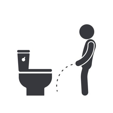 İzole edilmiş resimli adam tuvalet zeminine işiyor, tuvalet tabelasının yüzeyine ıslak idrar işiyor.