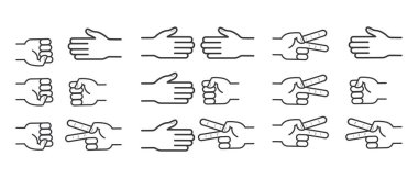 An isolated outline illustration of hand gestures representing rock, paper, and scissors, a symbolic game of chance, strategy, and decision-making clipart