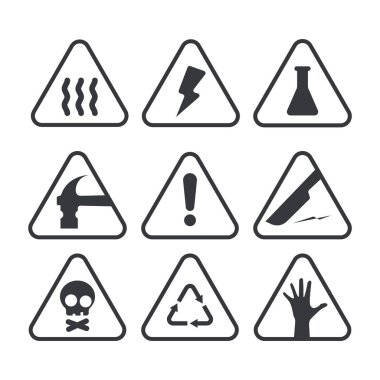 Üçgen uyarı işaretleri, ünlem işareti, önce güvenlik, yüksek voltaj, kafatası zehri, laboratuvar kimyasalları ve diğer uyarılar..