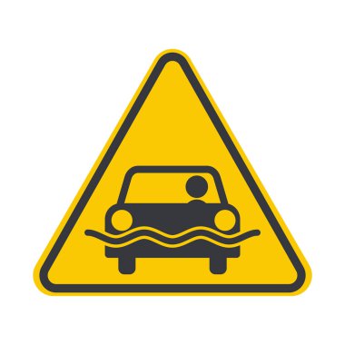 Sel basmış caddeyi ve sel baskınını sembolize eden ya da acil durum durumunu simgeleyen, suya batırılmış bir arabanın izole edilmiş uyarısı.