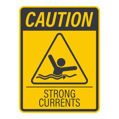 Güçlü nehir akıntılarına dair izole güvenlik işareti, boğulma risklerini vurgulamak ve doğal su ortamlarında su tehlikesi bilinci.