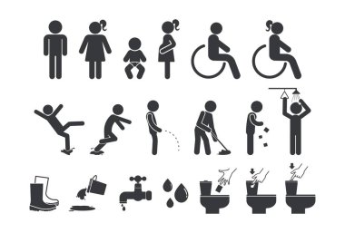Erkekler, kadınlar, bebek değiştirme, gebelik ve erişilebilirlik, halka açık tabela ve tesis etiketleme için tasarlanmış tuvalet güvenlik simgeleri paketi.