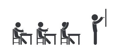 Öğrencilerin oturduğu ve öğrendiği sınıf sahnelerini gösteren bir grup izole resim ikonu ve sınıfın önünde aktif olarak ders veren bir öğretmen..