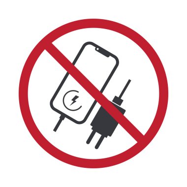 Elektrik prizinde izole edilmiş telefon şarjı, kısıtlı soket kullanımı, güvenlik için uyarı sembolü, yasak şarj aleti, elektrik uyarısı.