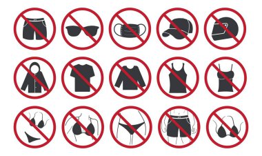 Paket set yasaklama işareti kıyafet kısıtlaması, tişört, kapüşon, güneş gözlüğü, şapka, kep, miğfer, iç çamaşırı ve diğerleri