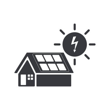 İzole edilmiş piktogram evi, güneş paneli ve güneş, güneş enerjili elektrik yenilenebilir güneş enerjisini, alternatif enerji kaynağını, sürdürülebilir enerjiyi sembolize ediyor..