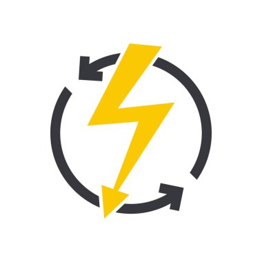 Yıldırım ve dairesel geri dönüşüm işareti ile izole edilmiş ikon elektrik, yenilenebilir enerji, alternatif güç, geri dönüşümlü kaynaklar ve eko sürdürülebilirliği sembolize eder.