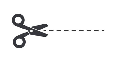 Kesme kılavuzu, kupon ya da zanaat eğitimi için minimalist stili sembol, noktalı çizgi boyunca kesilen makas izole edilmiş..