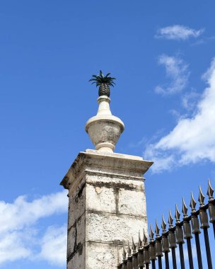 Açık gökyüzünün altında dekoratif ananas süsü olan zarif taş kapı direği. Havana, Küba. Yüksek kalite fotoğraf
