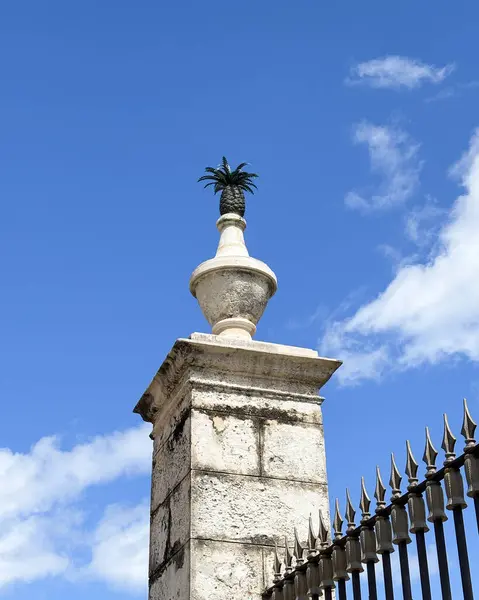 Açık gökyüzünün altında dekoratif ananas süsü olan zarif taş kapı direği. Havana, Küba. Yüksek kalite fotoğraf