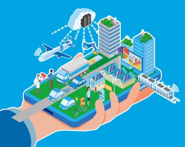 Akıllı bir şehrin Isometric illüstrasyonu