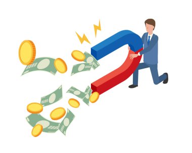 Para çekmek için elinde mıknatıs tutan bir iş adamı