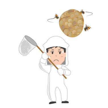 Eşekarılarını yok etmek için koruyucu giysiler giyen böcek ilaçlayıcı adam.