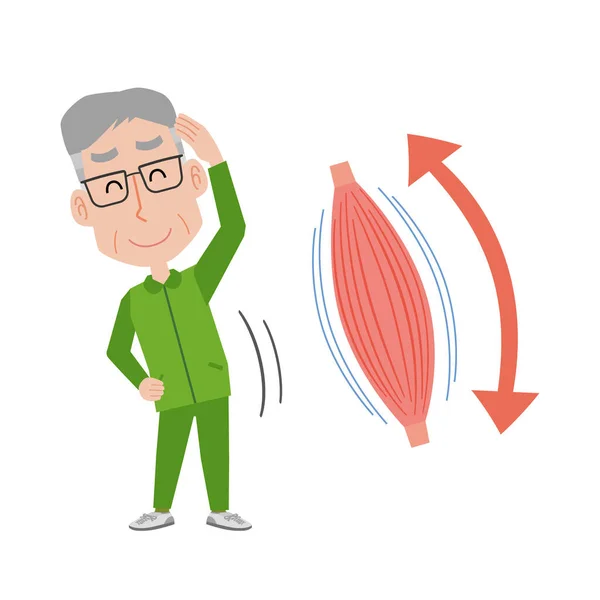 Ilustracja Starszego Mężczyzny Rozciągającego Mięśnie Ćwicząc — Wektor stockowy