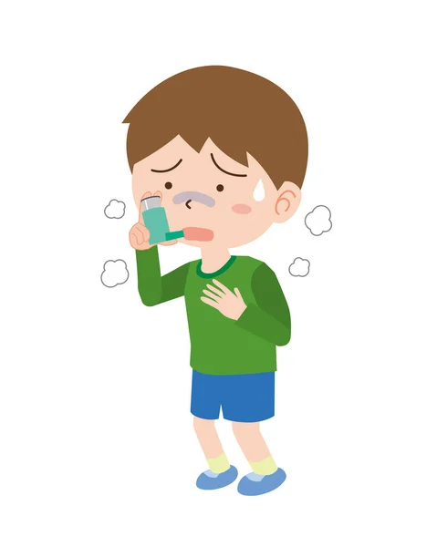 Niño Que Sufre Asma Usa Inhalador — Vector de stock