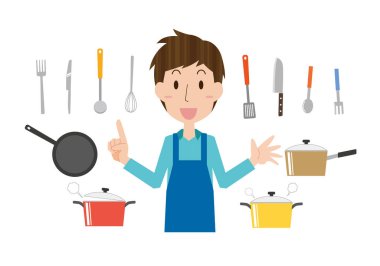 Bir adamın yemek pişirmesi ve çeşitli mutfak aletleri.