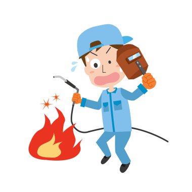 Kaynak yaparken yangına karşı sabırsız olan bir adam.