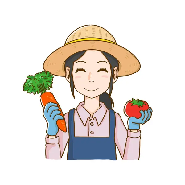 野菜を持っている笑顔の女性のイラスト — ストックベクタ