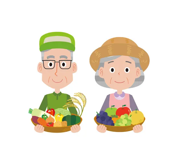 Ancianos Hombres Mujeres Con Verduras Frutas — Archivo Imágenes Vectoriales