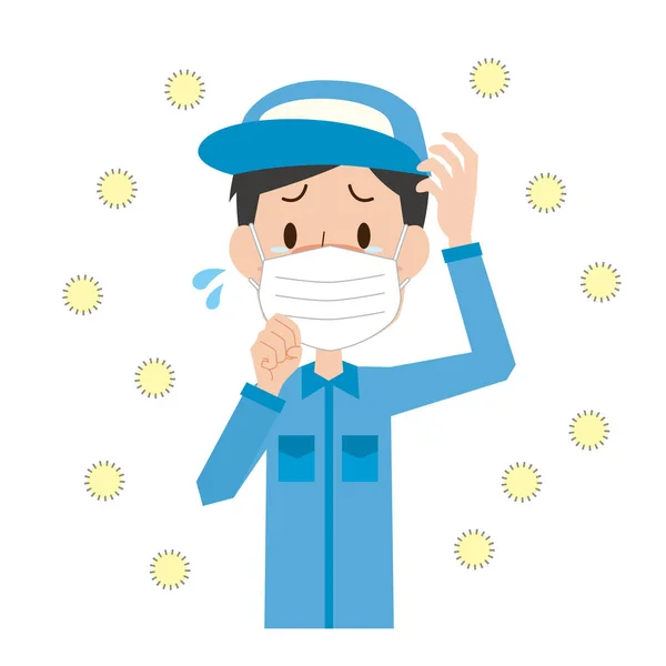 Молодой Человек Рабочей Одежде Носит Маску Аллергии Пыльцы — стоковый вектор
