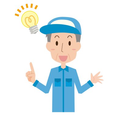 Kıdemli bir adam bol iş kıyafetleri giyiyor.